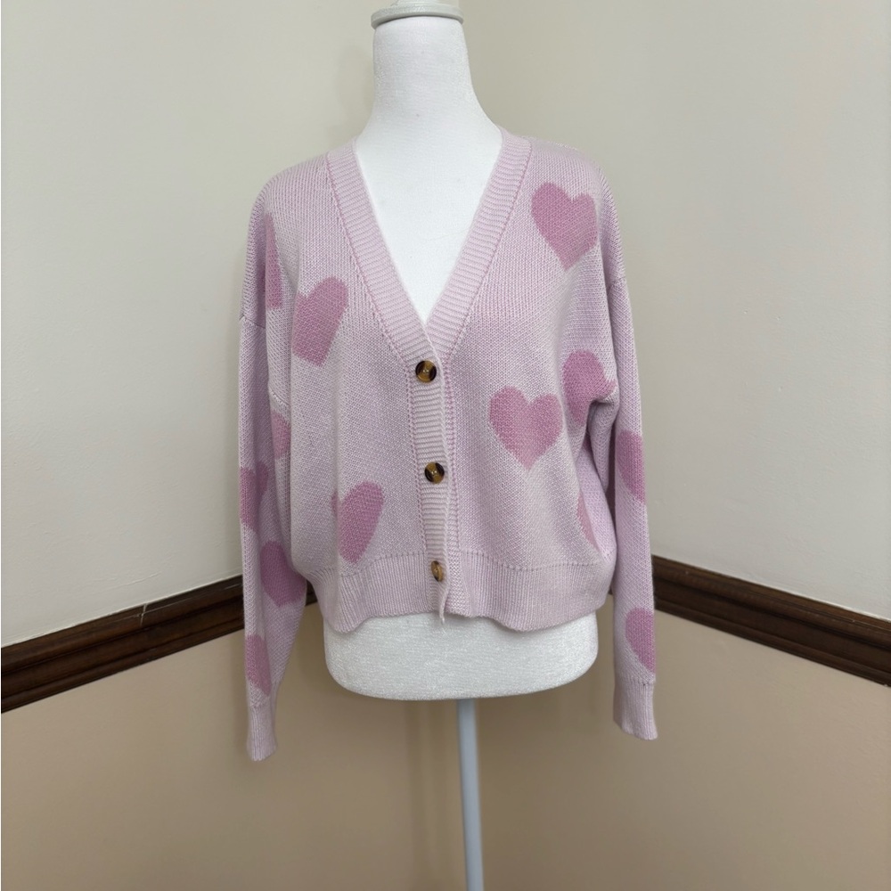 SHEIN Pink Heart Pattern Cardigan Sweater